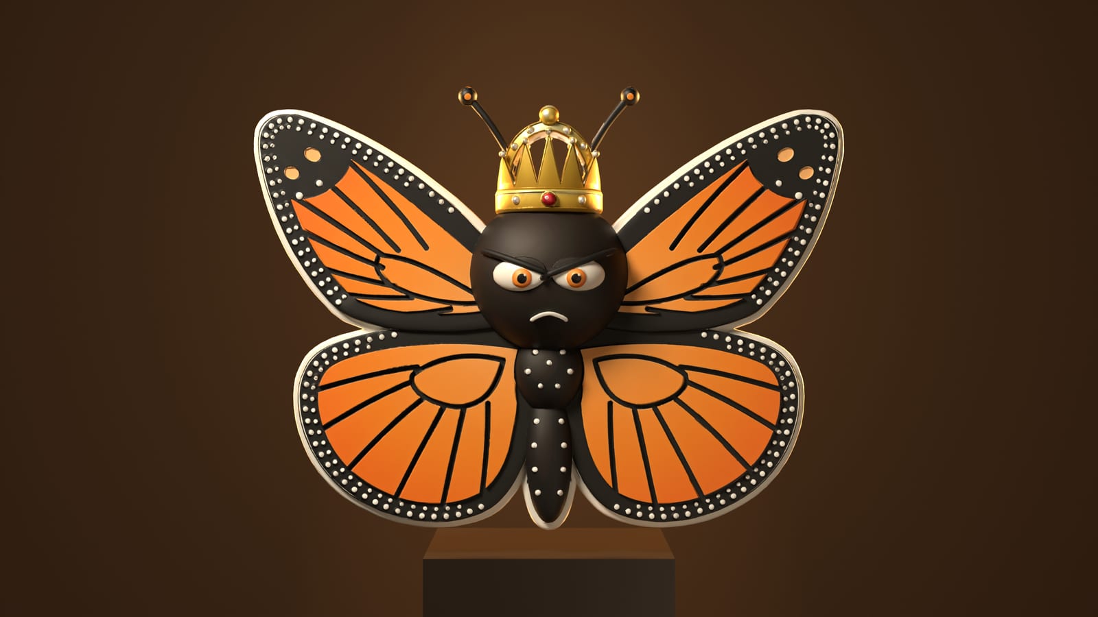 MONARC, a crowned monarch butterfly mascot, lit like royalty.