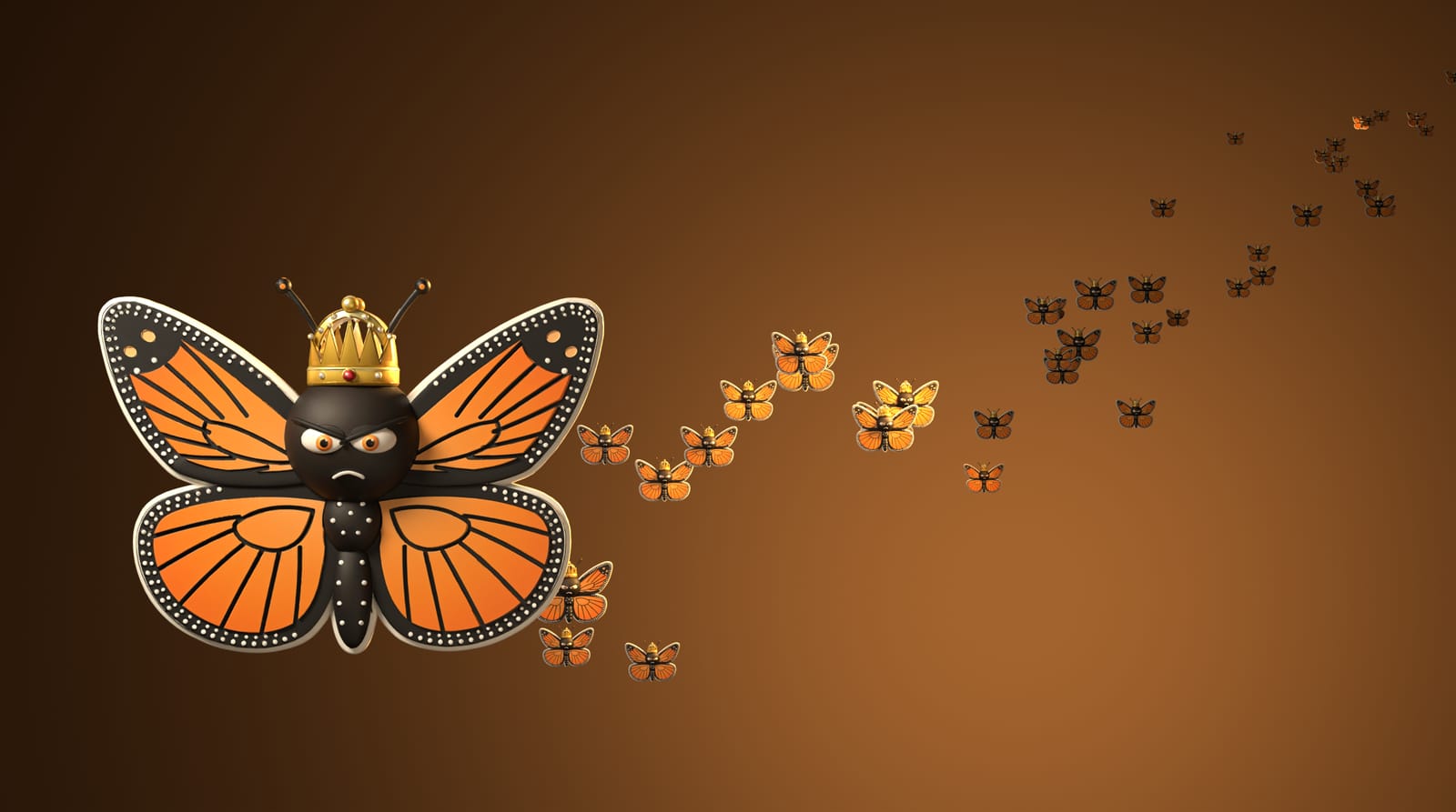The crowned MONARC mascot at colossal scale over a mountain summit, with a migrating arc of monarch butterflies behind it.